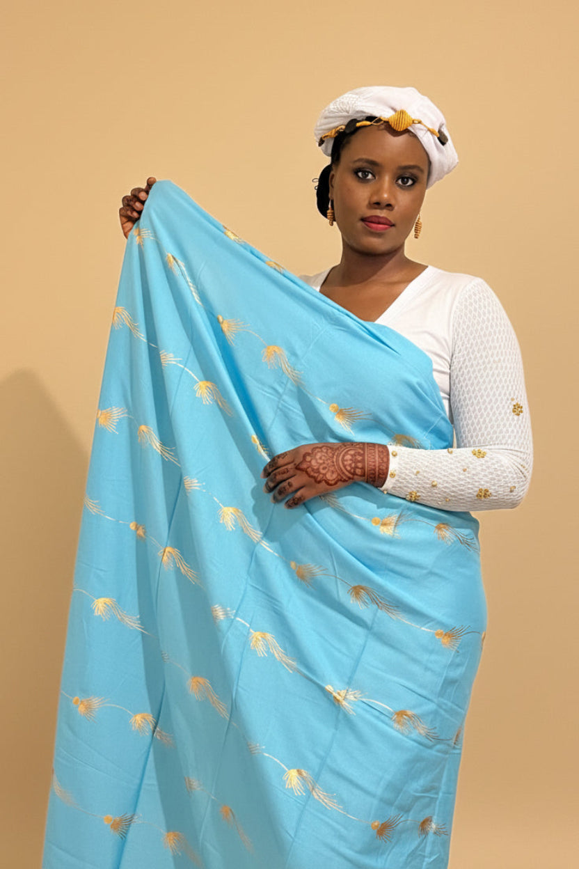 Dempé Sahel - Ensemble Traditionnel en Coton Premium bleu ciel dore