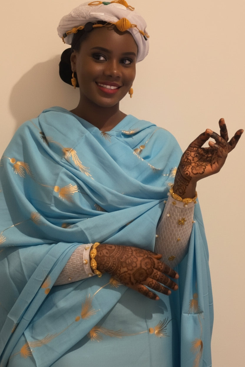 Dempé Sahel - Ensemble Traditionnel en Coton Premium bleu ciel doré
