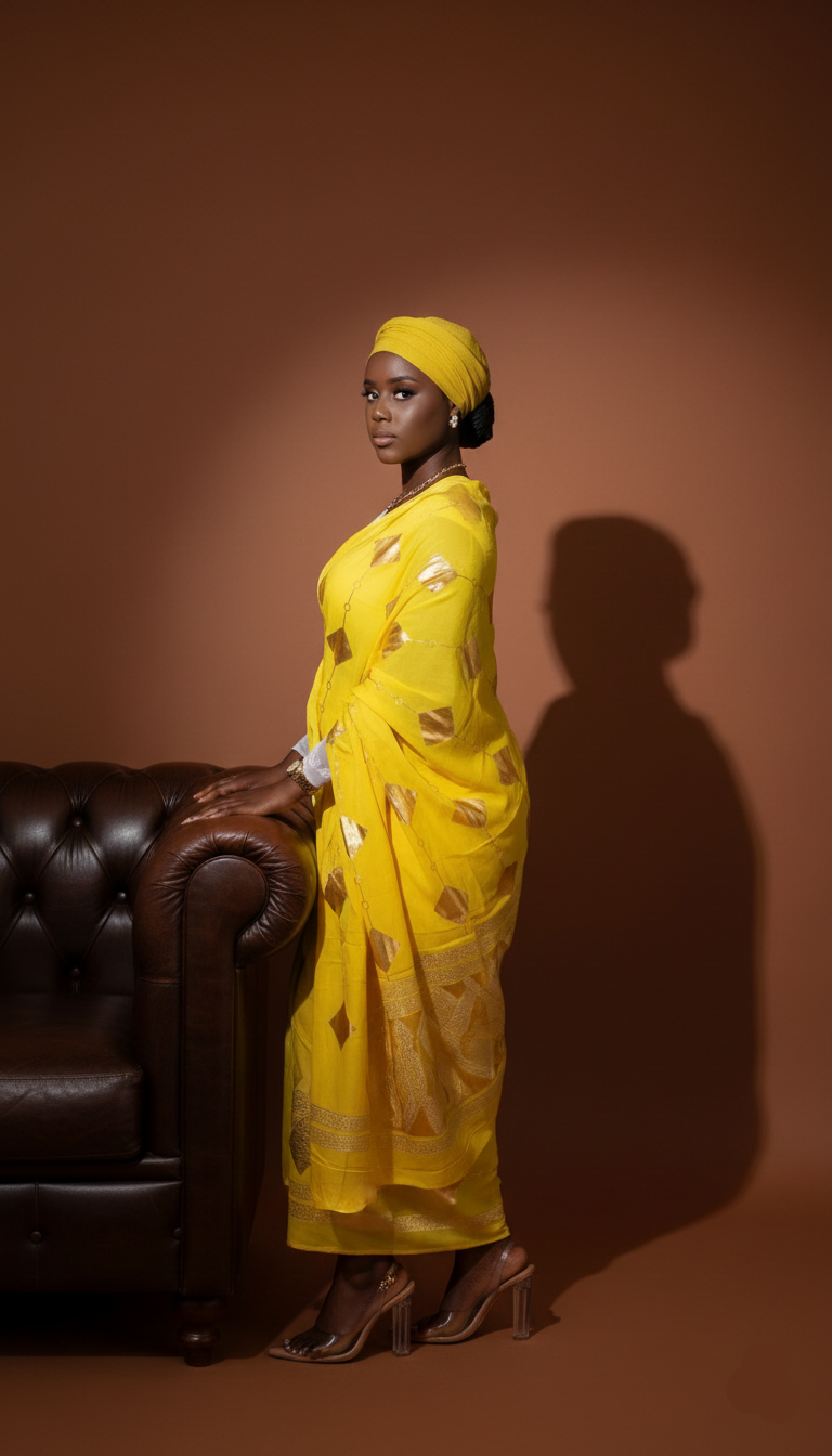 Dempé Douceur lumineuse ASWAH - Tissu aérien jaune avec détails dorés