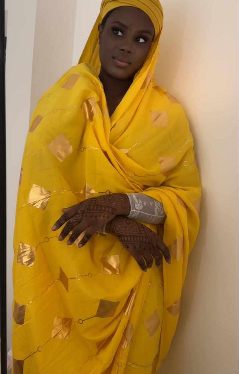 Dempé Douceur lumineuse ASWAH - Tenue africaine raffinée jaune et rose